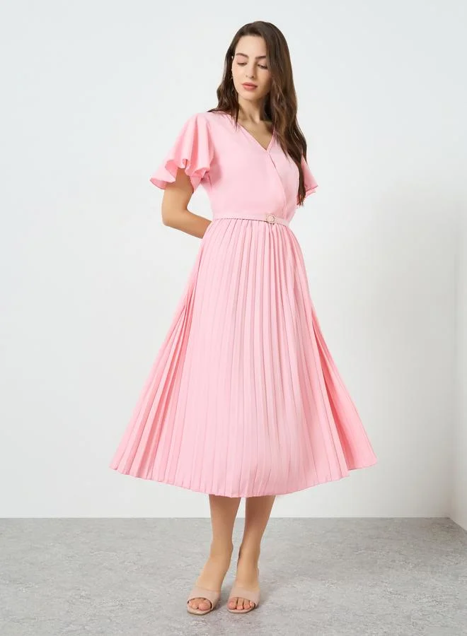 تايك تو فستان ميدي بكسرات وأكمام مكشكشة للنساء